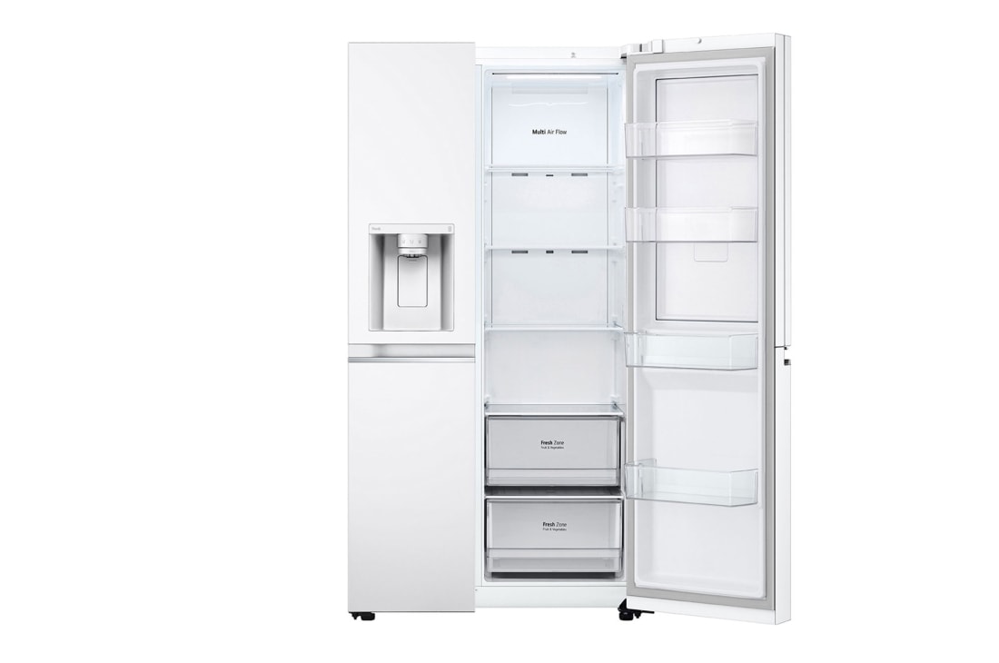 LG ثلاجة إل جي الباب بجانب الباب 611 لتر، تقنية ™UVnano، تقنية التبريد الطولي™، تقنية ™ThinQ لون أبيض, منظر أمامي مفتوح من اليمين, GCJ-287GNW, thumbnail 11