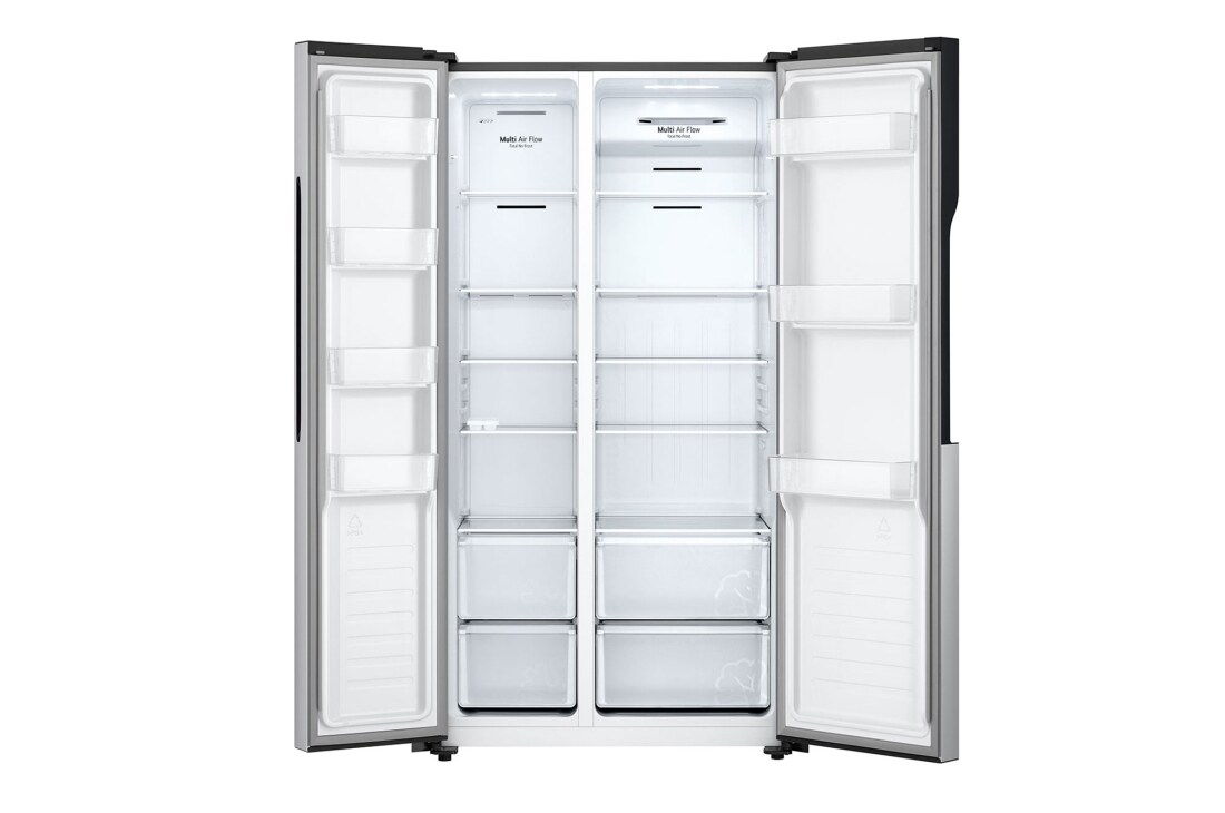 LG ثلاجة باب بجانب الباب 508 لتر من إل جي، ضاغط عاكس ذكي، تدفق هواء متعدد، لون سلفر, Front view with right door open, GHB-247DVE, thumbnail 6