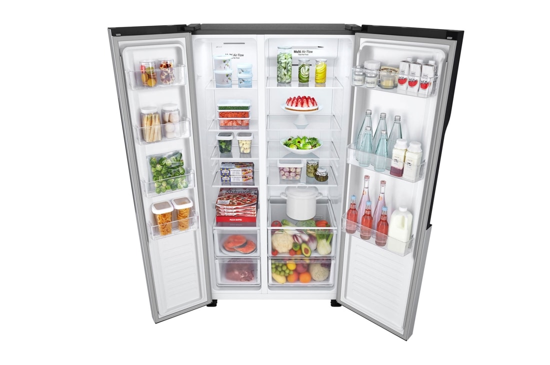 LG ثلاجة باب بجانب الباب 508 لتر من إل جي، ضاغط عاكس ذكي، تدفق هواء متعدد، لون سلفر, Top Perspective Open_Food, GHB-247DVE, thumbnail 9