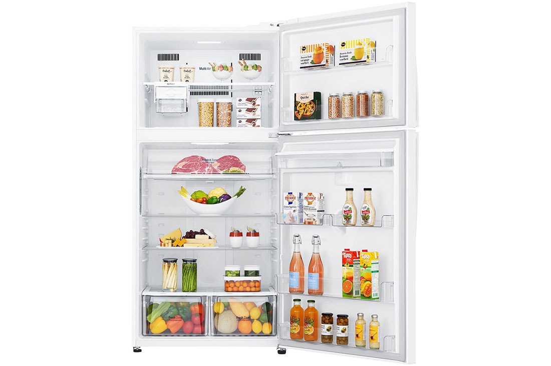 LG ثلاجة فريزر علوي بسعة 630 لتر و بتقنية تبريد الابواب لون أبيض , Front open View with food, GRM-832DHWI, thumbnail 2