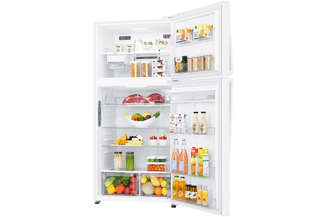 LG ثلاجة فريزر علوي بسعة 630 لتر و بتقنية تبريد الابواب لون أبيض , -15 degree side open view with food, GRM-832DHWI, thumbnail 10