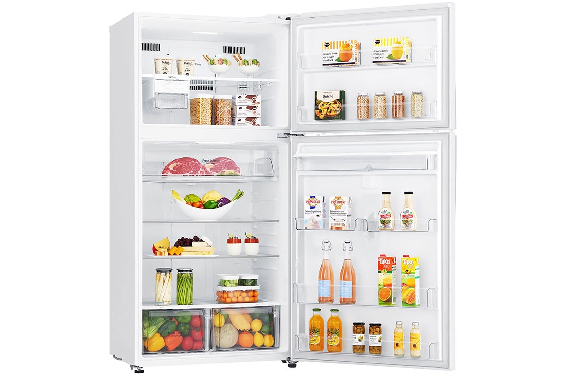 LG ثلاجة فريزر علوي بسعة 630 لتر و بتقنية تبريد الابواب لون أبيض , +15 degree side open view with food, GRM-832DHWI, thumbnail 8