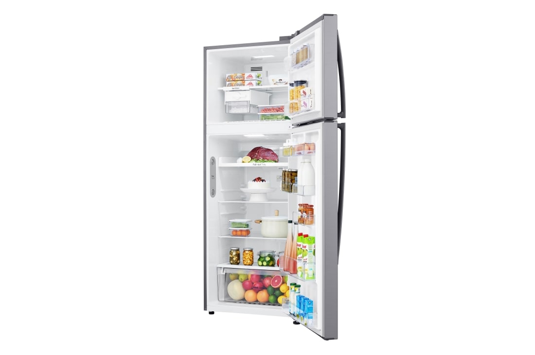 LG ثلاجة فريزر علوي بسعة 438 لتر و بتقنية تبريد الابواب  , Left side open view with food, GR-C639HLCL, thumbnail 9