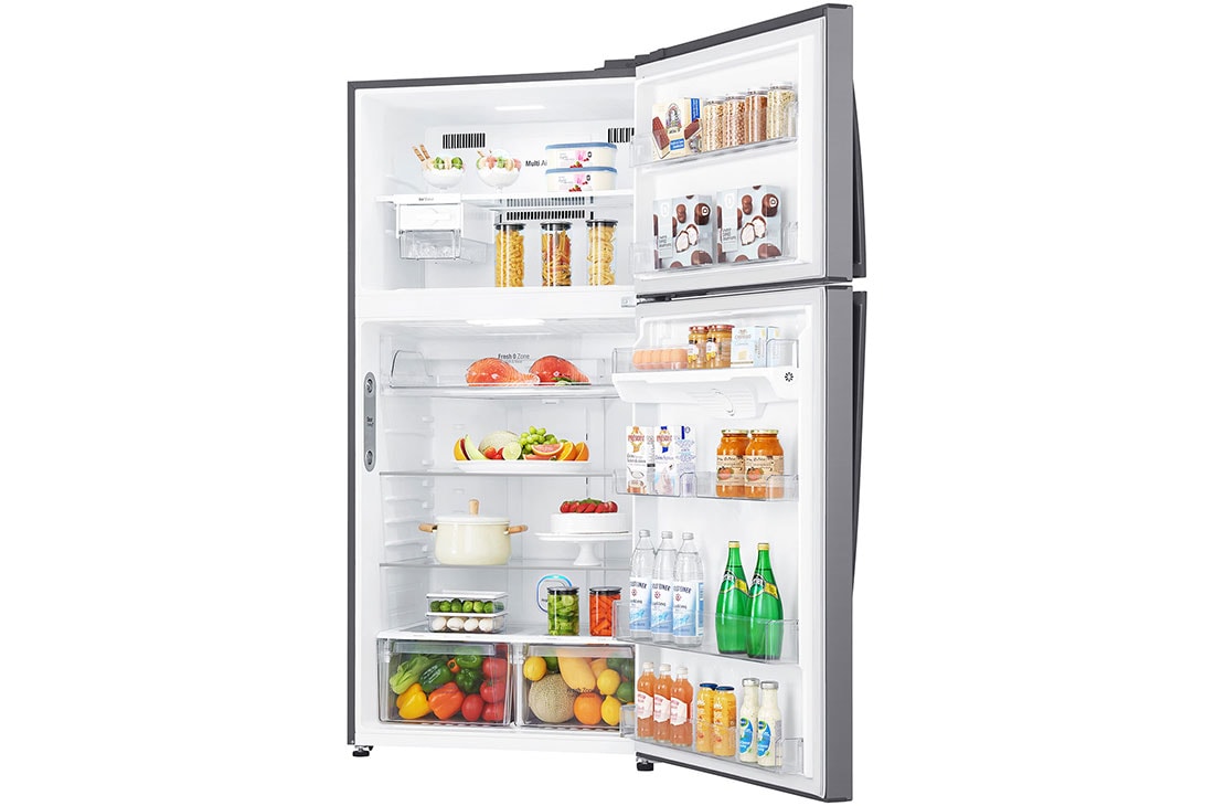 LG ثلاجة فريزر علوي بسعة اجمالية 630 لتر ضاغط انفيرتر ذكي وتبريد عبر الباب لون فضي, Refrigerators-Left-View-Door-Open-With-Content, GRM-852HWI, thumbnail 11
