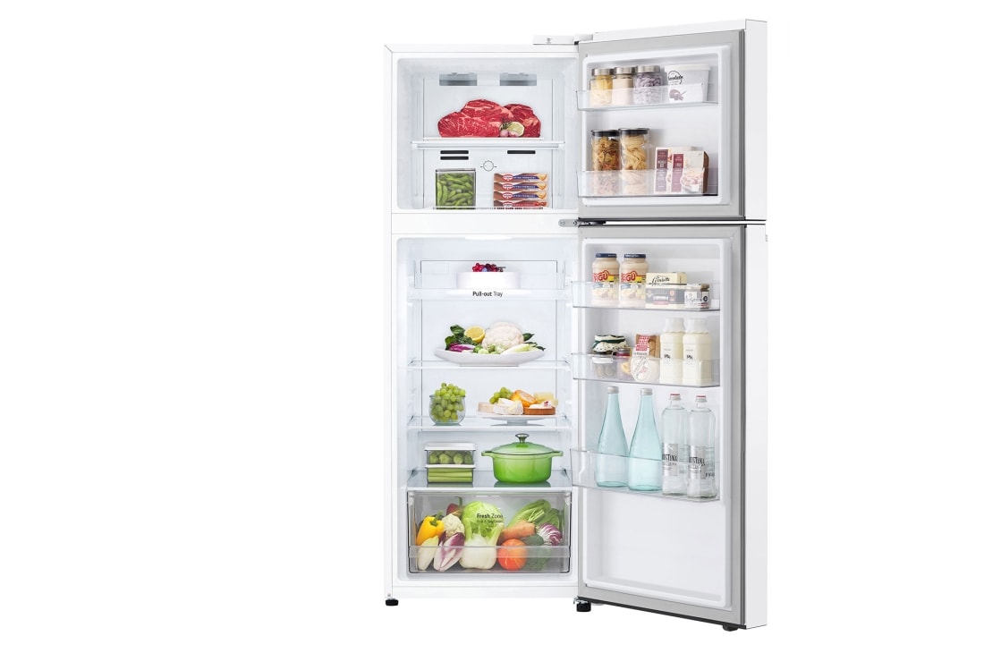 LG ثلاجة فريزر علوي بسعة 315 لتر , لون ابيض بتقنية  التبريد الخطي ,وبتقنية الانفيرتر الذكي, عرض أمامي لثلاجة مفتوحة يظهر الطعام المخزن فيها, GNB-482GVWP, thumbnail 2