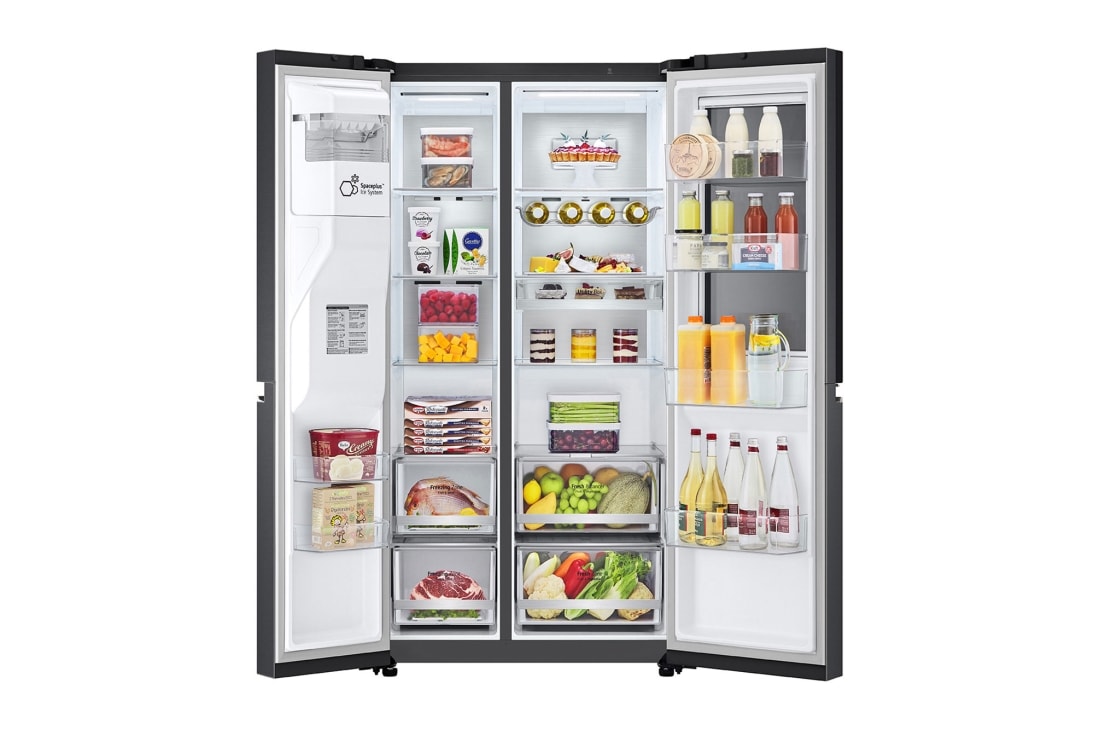 LG ثلاجة أربع أبواب بسعة اجمالية 705 لتر باب داخل باب وتقنية Hygiene Fresh , لون اسود قاتم, front open with food, GCX-287TVB, thumbnail 2