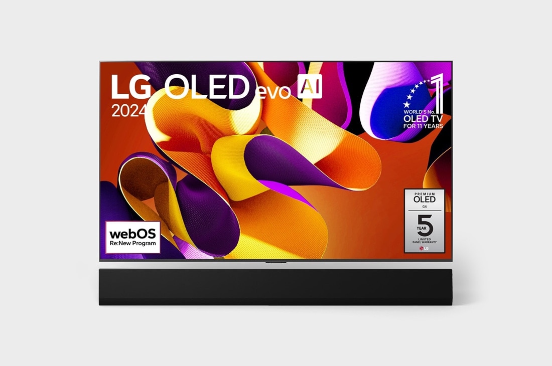 LG تلفزيون LG OLED evo AI G4 4K الذكي مقاس 65 بوصة المدعوم بجهاز التحكم AI Magic remote وتكنولوجيا الصوت Dolby Vision وواجهة webOS24 طراز عام 2024, صورة أمامية لتلفزيون LG OLED evo TV وOLED G4 وتلفزيون OLED Emblem رقم 1 على مستوى العالم لمدة 11 عامًا وشعار الضمان الذي لمدة 5 سنوات على الشاشة، بالإضافة إلى مكبر الصوت Soundbar بالأسفل, OLED65G46LA, thumbnail 2