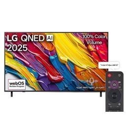 صورة أمامية لتلفزيون LG QNED82 TV وشعار LG QNED Al في الزاوية العلوية. يصور تلفزيون LG QNED TV أنسجة الطلاء الملونة التي تجتمع معًا.2