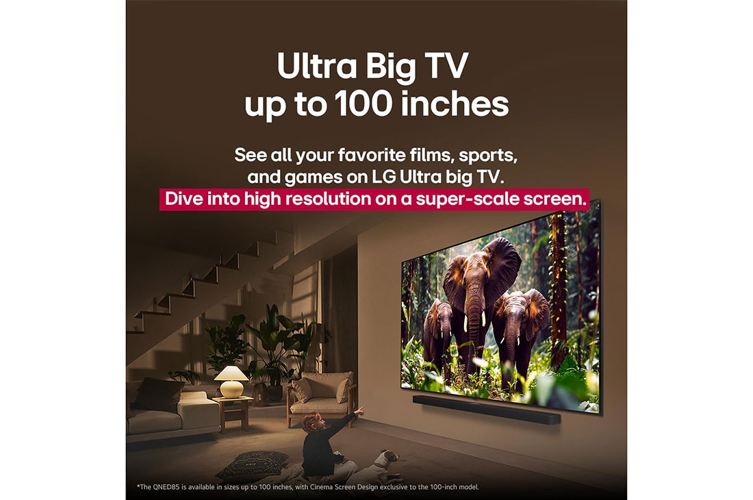 LG تلفزيون LG QNED evo AI QNED86 ‏100 بوصة MiniLED بدقة 4K و120Hz، ريموت سحري، نظام webOS25 إصدار 2025, فتاة وكلب يجلسان أمام تلفزيون LG QNED TV مثبت على جدار يصور ثلاثة أفيال تسير للخارج فوق مكبر الصوت LG Soundbar. يتحدث العنوان عن مدى إثارة كل حركة على شاشة ضخمة., 100QNED86A6, thumbnail 9