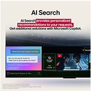 LG تلفزيون LG QNED evo AI QNED86 ‏100 بوصة MiniLED بدقة 4K و120Hz، ريموت سحري، نظام webOS25 إصدار 2025, صورة مقربة من شاشة تلفزيون LG TV توضح كيفية عمل البحث عن الذكاء الاصطناعي (AI Search). نافذة دردشة صغيرة مفتوحة توضح كيف سأل المستخدم عن الألعاب الرياضية المتاحة. استجاب بحث الذكاء الاصطناعي (AI searc, 100QNED86A6, thumbnail 12