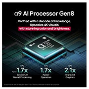 LG تلفزيون LG OLED evo AI C5 مقاس 77 بوصة بدقة 4K 144Hz ومدعوم بجهاز التحكم AI Magic remote وواجهة webOS25 طراز عام 2025 , يضيء معالج alpha 9 AI Processor Gen8 بظلال مختلفة من اللون الأزرق وتنطلق منه آشعة الضوء التي تركز على دوائره. تظهر إحصائيات الأداء بوضوح: معالجة الذكاء الاصطناعي العصبية أسرع بـ 1.7 مرات (NPU)، أداء ا, OLED77C56LA, thumbnail 5