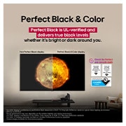 LG تلفزيون LG OLED evo AI C5 مقاس 77 بوصة بدقة 4K 144Hz ومدعوم بجهاز التحكم AI Magic remote وواجهة webOS25 طراز عام 2025 , غرفة معيشة بها تلفزيون LG OLED TV مثبت على الحائط. تظهر على شاشة التلفزيون سلسلة جبال من ورائها سماء مسائية مظلمة مليئة بالنجوم. ينقسم هذا المشهد إلى نصفين لإظهار كيف توفر ميزة Perfect Black مستويات ع, OLED77C56LA, thumbnail 7