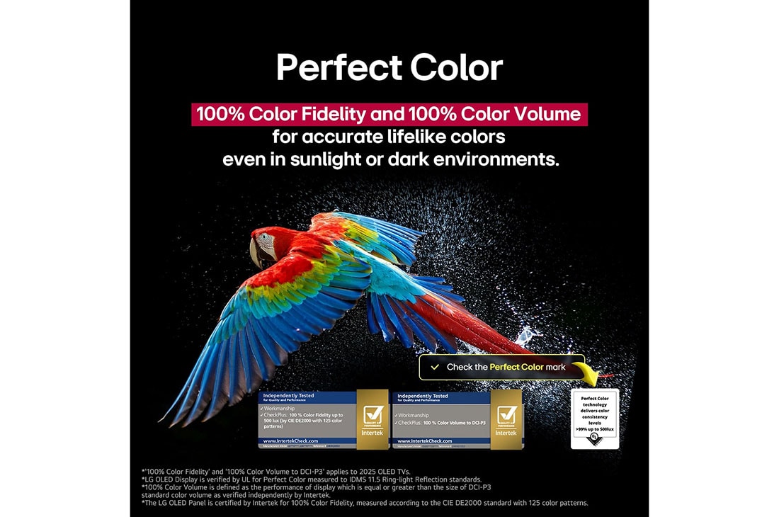 LG تلفزيون LG OLED evo AI C5 مقاس 65 بوصة بدقة 4K 144Hz ومدعوم بجهاز التحكم AI Magic remote وواجهة webOS25 طراز عام 2025 , ببغاء ملون بدقة عالية للغاية على خلفية سوداء. يتم تعليق قطرات الماء في الهواء المحيط بها. تعرض الصورة اللون المثالي حيث أن كل درجة لون مختلفة على جسم الببغاء نابضة بالحياة. تظهر شهادات شعار مختلفة من , OLED65C56LA, thumbnail 8