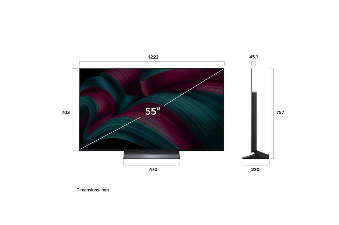 LG تلفزيون LG OLED evo AI C5 مقاس 55 بوصة بدقة 4K 144Hz ومدعوم بجهاز التحكم AI Magic remote وواجهة webOS25 طراز عام 2025 , صورة أمامية وجانبية لتلفزيون LG OLED evo AI C5 4K Smart TV يوضح أبعاد الطول والعرض والارتفاع والعمق., OLED55C56LA, thumbnail 4
