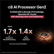 LG تلفزيون LG QNED evo AI QNED86 ‏55 بوصة MiniLED بدقة 4K و120Hz، ريموت سحري، نظام webOS25 إصدار 2025, يضيء معالج alpha 8 AI Processor Gen2 باللون البرتقالي والوردي، وتنطلق منه آشعة ضوئية ملونة. يشير العنوان إلى كيفية تقديم المعالج لجودة 4K ولون مذهل وسطوع مذهل. يُظهر النص أن أداء وحدة المعالجة العصبية, 55QNED86A6A, thumbnail 5