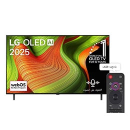 صورة أمامية لتلفزيون LG OLED evo AI B5 4K Smart TV. يظهر شعار OLED رقم 1 على مستوى العالم لمدة 12 عامًا وشعار LG OLED evo AI 2025 على الشاشة.2