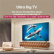 LG تلفزيون LG QNED evo AI QNED93 الذكي مقاس 65 بوصة بدقة 4K 120Hz ومدعوم بجهاز التحكم AI Magic remote وواجهة webOS25 طراز عام 2025 , عائلة تجلس على أريكة مواجهة لتلفزيون LG QNED TV تجلس فوق حامل تلفزيون مع فتاة صغيرة تشير إلى شاشة تعرض دلفين. يشير العنوان إلى كيفية الاستمتاع بدقة عالية على شاشة ضخمة., 65QNED93A6A, thumbnail 9