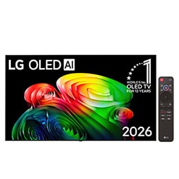 يُظهر المنظر الأمامي لتلفزيون LG OLED AI B6، الصادر في عام 2026، إطارًا أسود نحيفًا، وتملأ الشاشة صورة حية بتكوين فني غني بالألوان والطبقات.