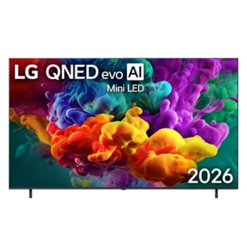 يُظهر المنظر الأمامي لتلفزيون LG QNED evo AI QNED85 Mini LED، إصدار 2026، الشاشة وهي تمتلئ بانفجارات لونية نابضة وانسيابية تحاكي حركة الطلاء متعدد الألوان، بينما تمتزج سحب كثيفة من الألوان بسلاسة تامة1
