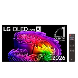 يتميز المنظر الأمامي لتلفزيون LG OLED evo AI G6، الذي تم طرحه في عام 2026، بإطار أسود رفيع، مع صورة حية ونحتية لأشكال متعددة الألوان ذات طبقات غنية تملأ الشاشة، إلى جانب شارة "تلفزيون OLED TV رقم 1 عا