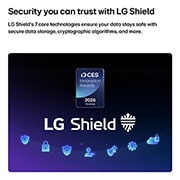 LG تلفزيون LG QNED evo AI Mini LED QNED82 4K Smart TV 2026 الذكي مقاس 55 بوصة, يظهر LG Shield على شاشة LG QNED evo AI QNED82 Mini LED، مع شعار LG Shield في المنتصف، وأيقونات الأمان أدناه، وشارة 2026 CES Innovation Awards Honoree أعلاه، والتي تمثل حماية البيانات والنظام. , 55QNED84B6T, thumbnail 7