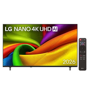 الواجهة الأمامية لجهاز LG NANO 4K UHD AI NU85، الذي تم طرحه في عام 2026، تملأ الشاشة بطبقات سلسة ومتدفقة من الألوان الزاهية والأنسجة الشبيهة بالقماش، حيث تنتشر طيات منحنية متعددة الألوان عبر الشاشة.