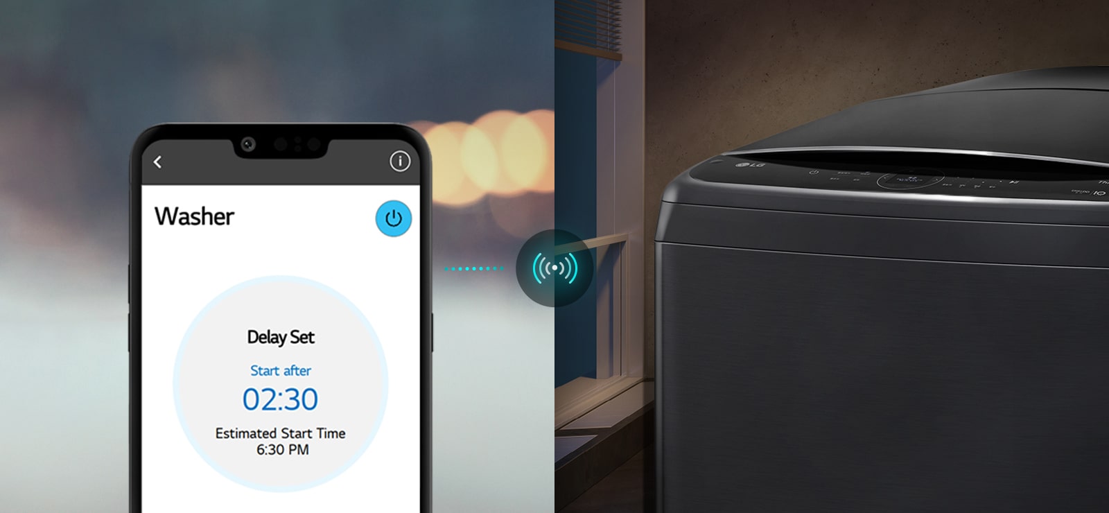 امرأة تجلس بجوار النافذة وتخبر مكبر الصوت الذي يعمل بالذكاء الاصطناعي بالإجراء الذي يجب أن تتخذه الغسالة.