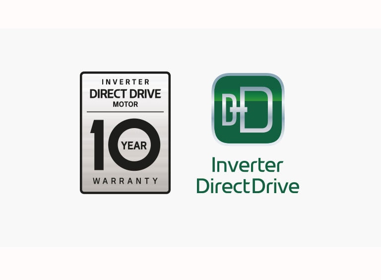 صورة تبين شعار Inverter Direct Drive، إلى جانب شعار الضمان لمدة 10 سنوات.