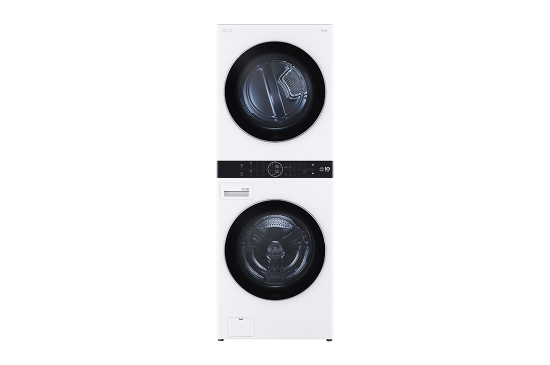 LG غسالة ونشافة تحميل أمامي ™LG WashTower مع لوحة تحكم مركزية ، لون أبيض، 17 كجم غسالة و 16 كجم نشافة, Front view with lights on, WT1716WRK