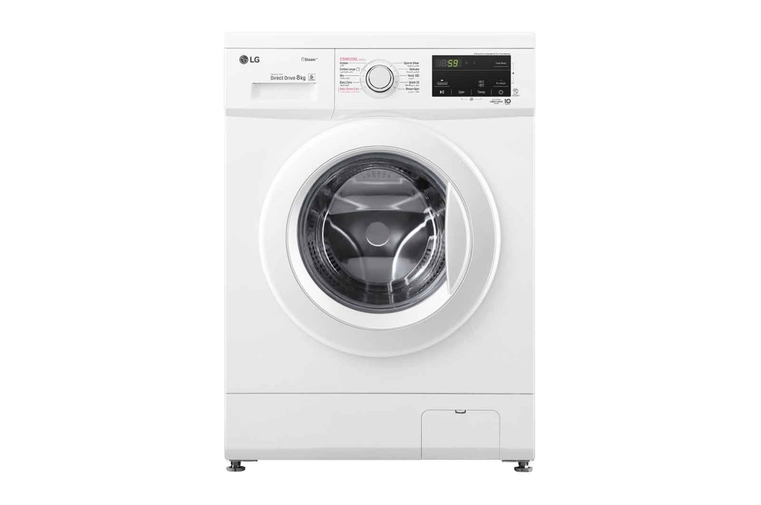 LG غسالة تحميل أمامي بسعة 8 كغ ومحرك الدفع المباشر، خاصية التشخيص الذكي، لون ابيض, front view, WJ1408NTG