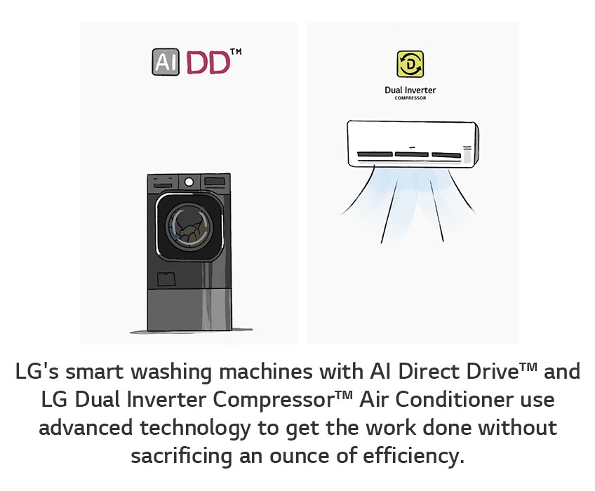 تستخدم غسالة إل جي الذكية المزودة بمحرك AI- الذكاء الاصطناعي ذاتي التحكم وكذلك مكيف الهواء تقنية متقدمة لإنجاز العمل دون الإفراط بالطاقة.