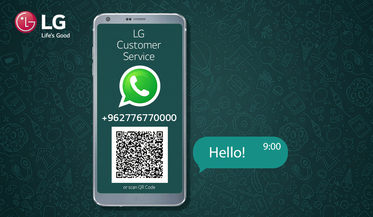 LG Customer Service '+962 77 6 77 0000' or scan QR Code. Hello! How can we help you tody? Feel free to share your inquires, images, audio or PDF.
