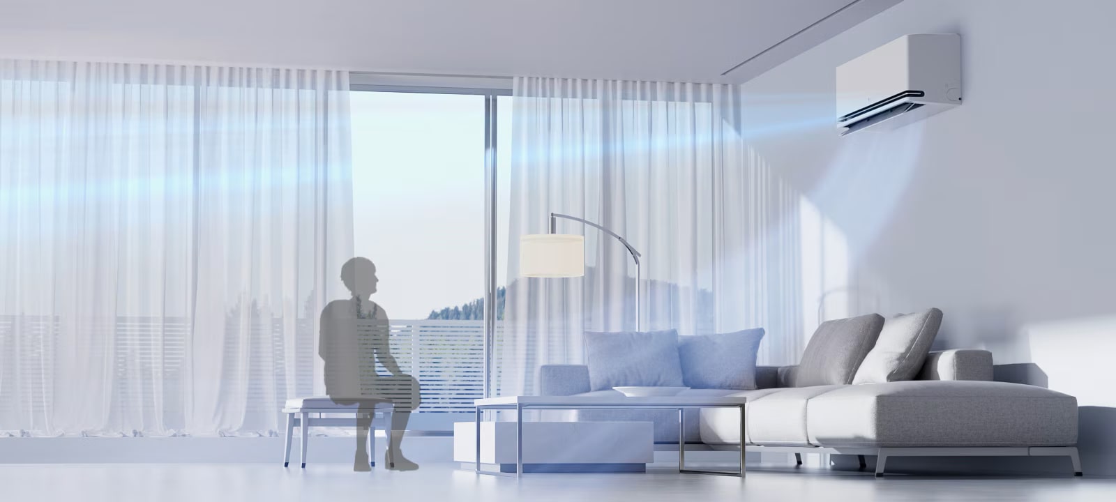 LG air conditioner with AI Air senses room temperature and human location, adjusting airflow to maintain the set temperature.