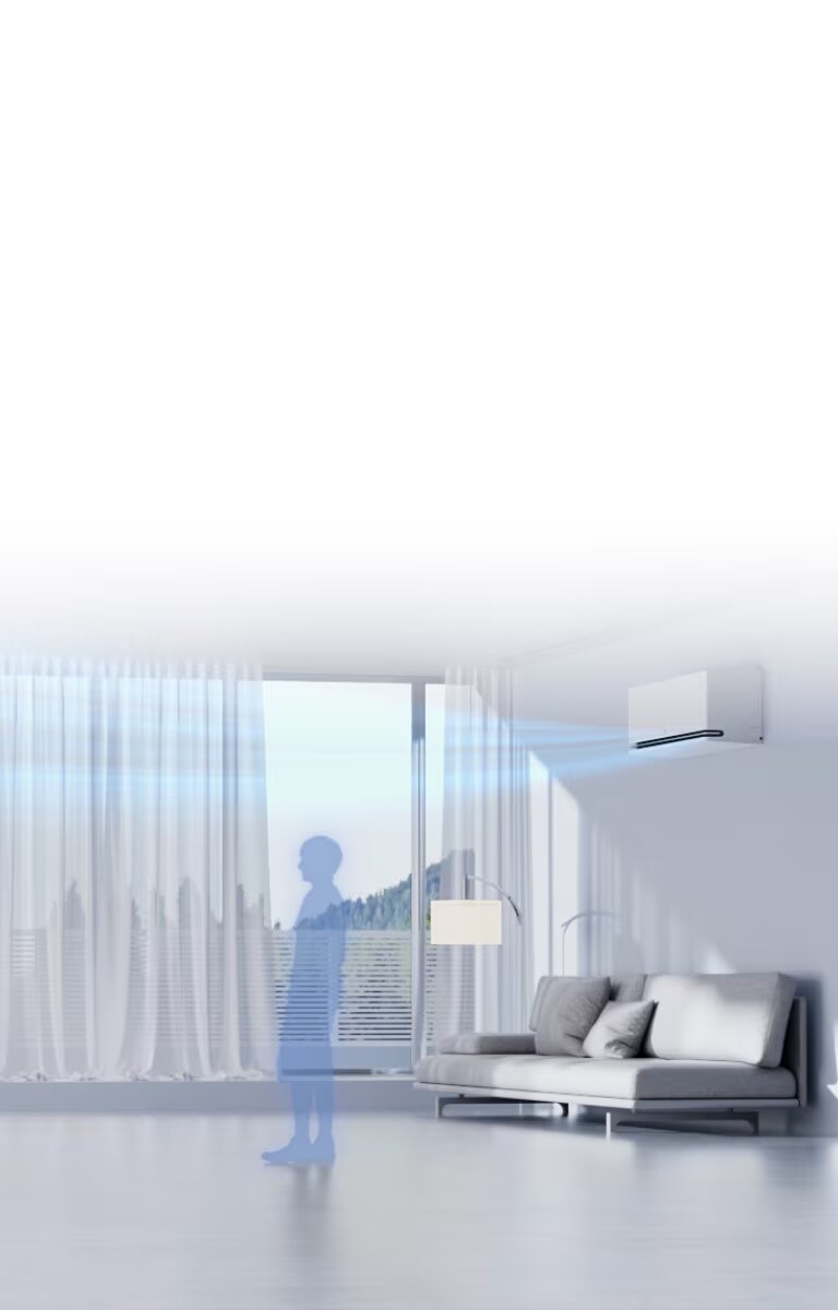 LG air conditioner in a living room features absence detection, sensing no occupants and automatically stopping operation.