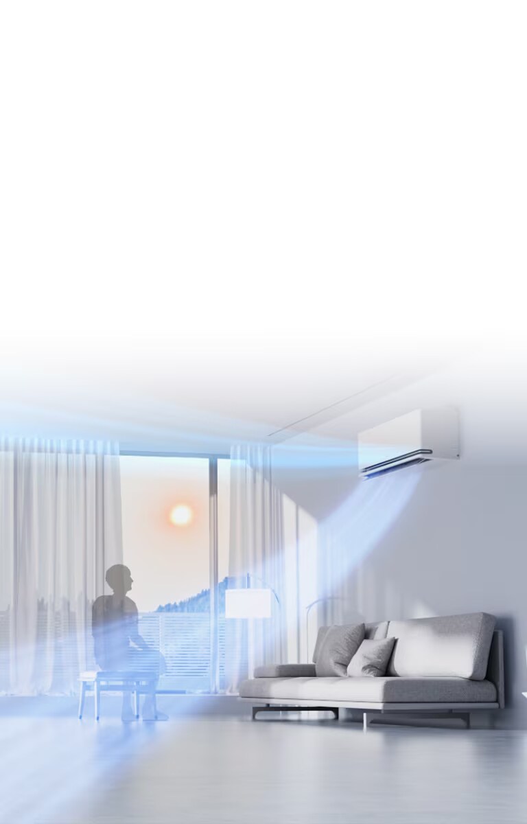 LG air conditioner in a living room uses a radar sensor to adjust airflow direction based on the room's temperature.