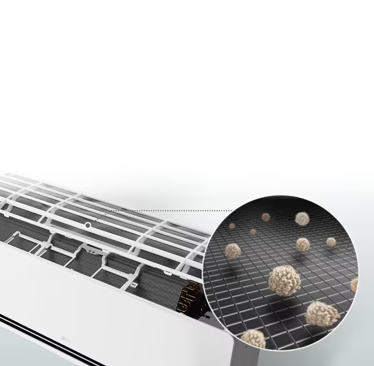 LG air conditioner with open panel showing a pre-filter capturing dust particles in a close-up view.