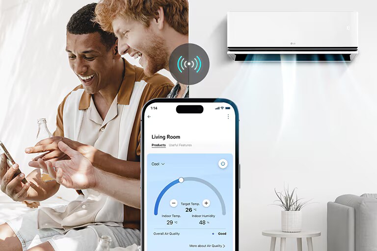 Two men using the LG ThinQ app on a smartphone to control a smart air conditioner, adjusting temperature and humidity.