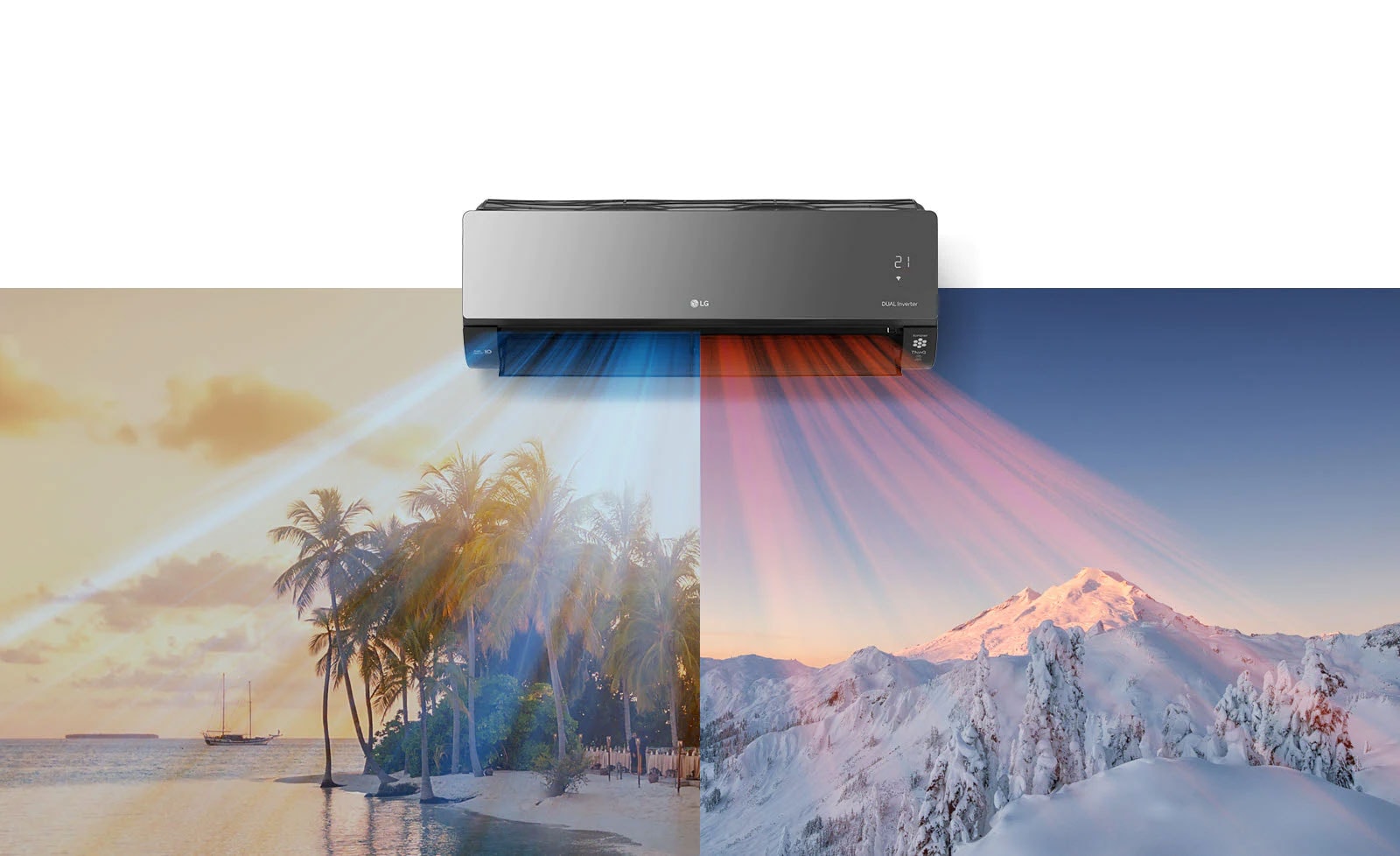 An LG air conditioner is hanging at the top center of the image. Beneath it are two images, one image shows a hot beach scene and the other shows a snowy mountain scene. Air blows out of the air conditioner with cool blue air on the beach scene and warm red air across the snowy scene.