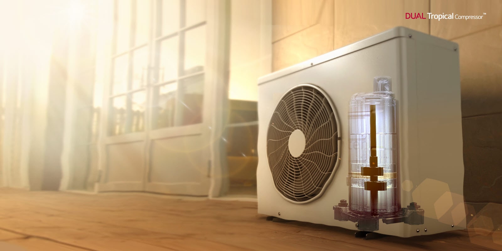 An Air conditioner system is outside of a door on a patio. 