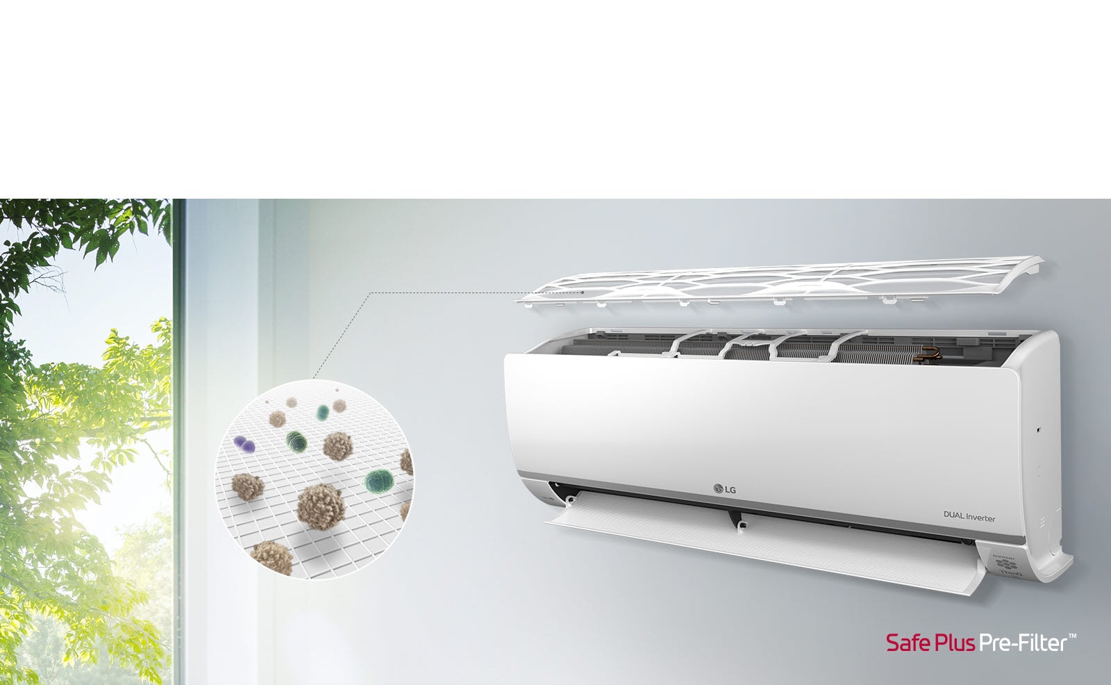 The LG air conditioner is installed on the wall and seen from the side angle. The top panel is flaoting above see the inner filters can be seen. A line from the pre-filter leads out to a magnified circle showing the dust caught in the pre-filter. The SafePlus Pre-Filter logo is shown in the bottom right corner.
