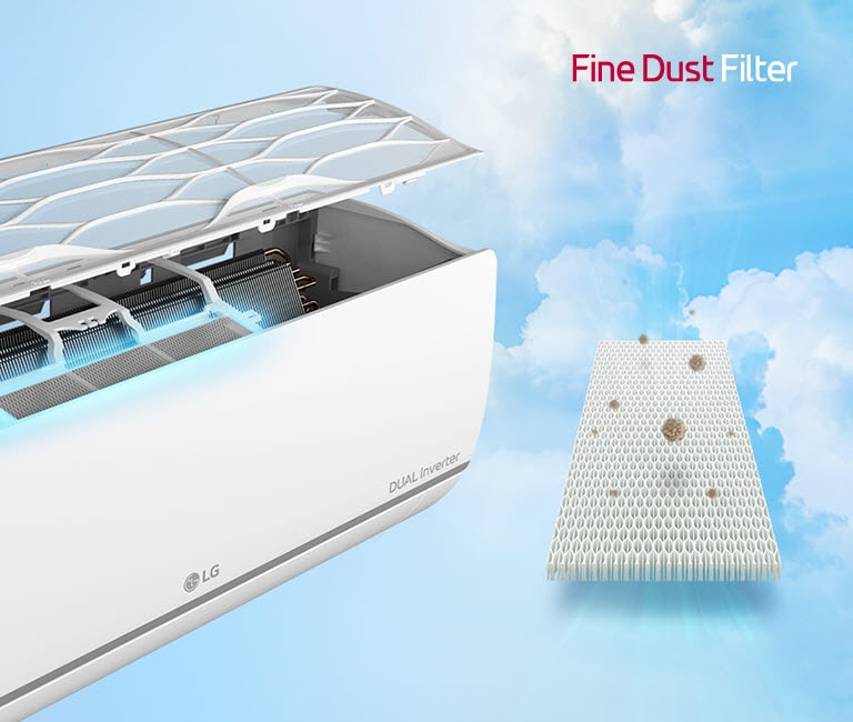 The LG air conditioner is seen with the top open exposing the interior. There is a blue neon light highlighting the filter inside. Next to the air conditioner is the filter on its own shown with dust being caught.