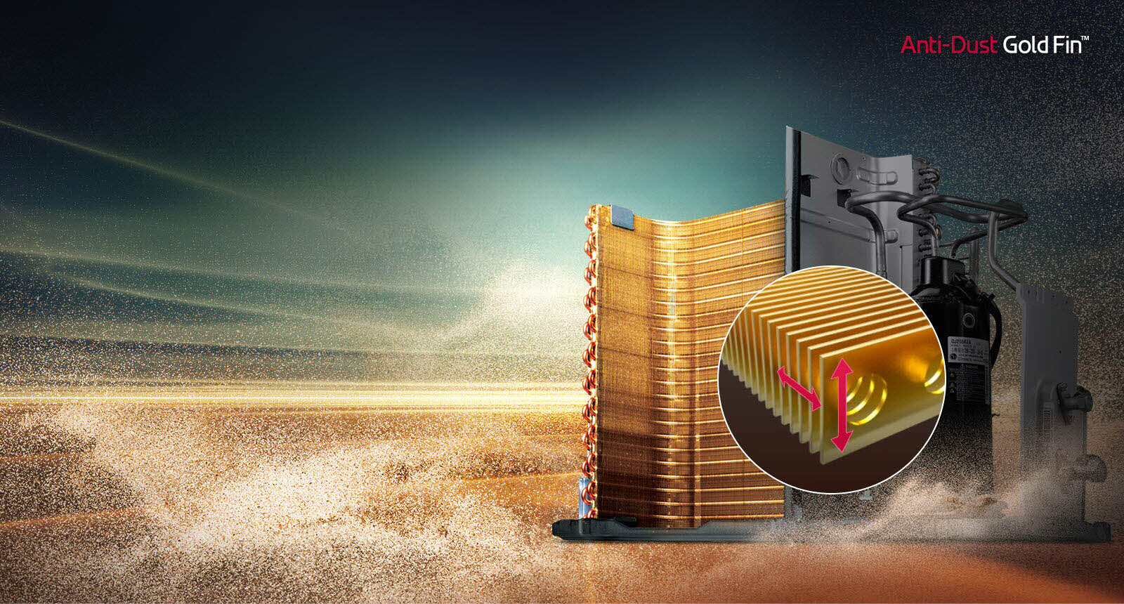 The gold coated machinery is shown in the background against a dusty desert landscape. 