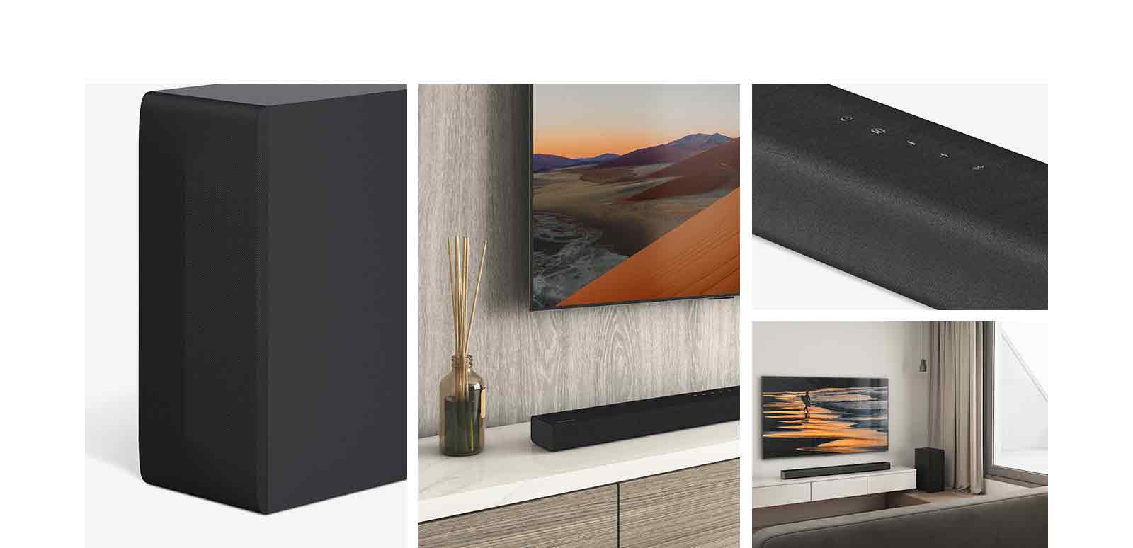 From left, an image of rear speaker, Close up of LG TV, showing the mountin on the screen and LG Sound Bar below. On the right, Clockwise from top-bottom: close-up of LG Sound Bar. LG TV, showing a beach at sunset, and LG Sound Bar, rear speaker is placed in the living room.