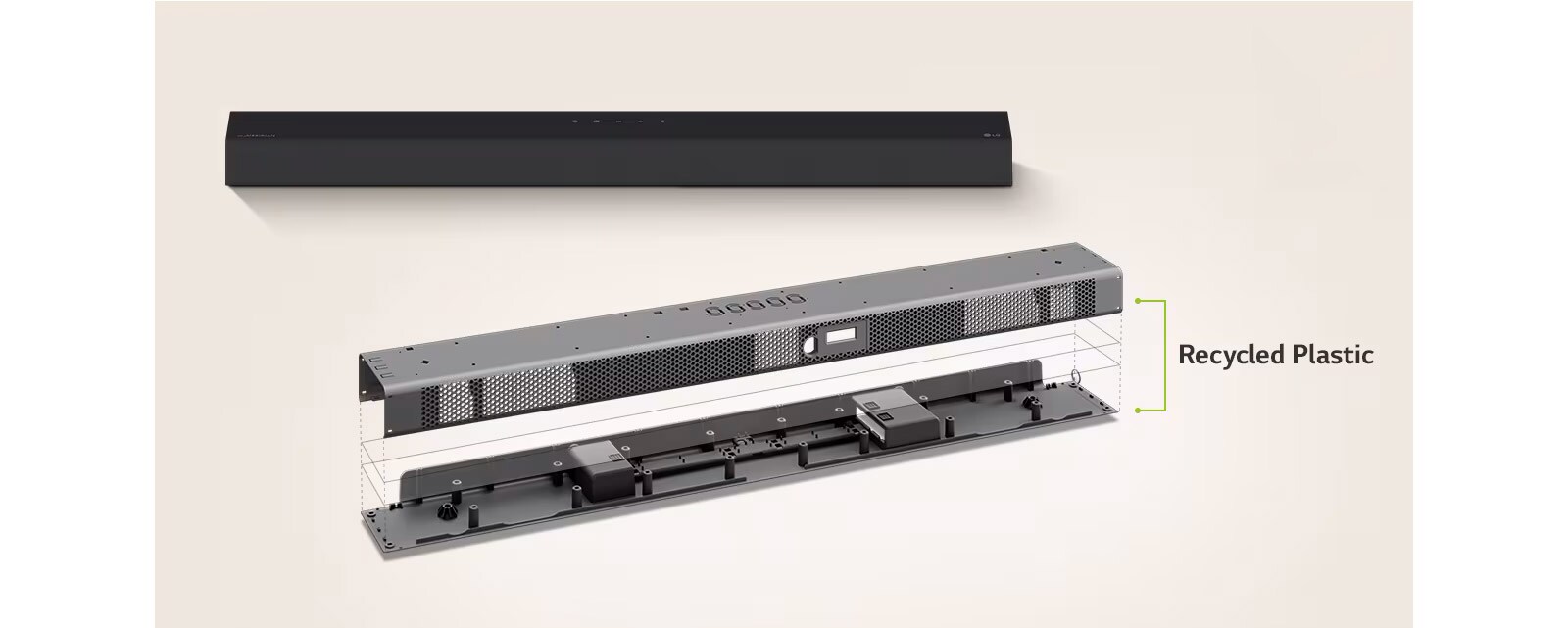 There is a front view of sound bar behind and a metal frame image of sound bar in front.