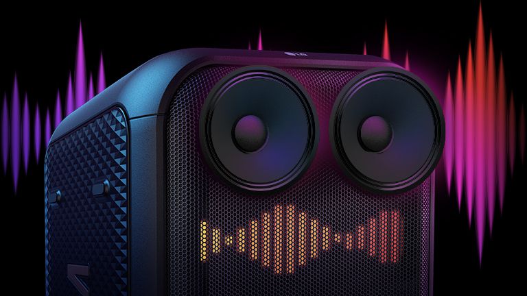 Close-up of 2.5 inch dome tweeters, shwoing high pitch graphics behind. Tweeters are exaggerated for design purpose. Below, there is a sound eq on the led panel. 