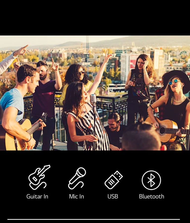 There are people enjoying acoustic concert with LG XBOOM XL7S. Below the image, there are guitar 