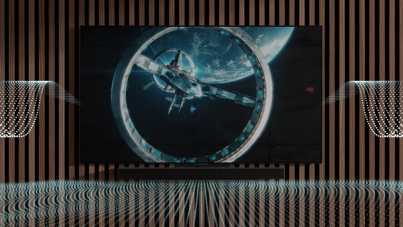 Variously figured blue-colored sound waves are being released from Sound Bar and TV.