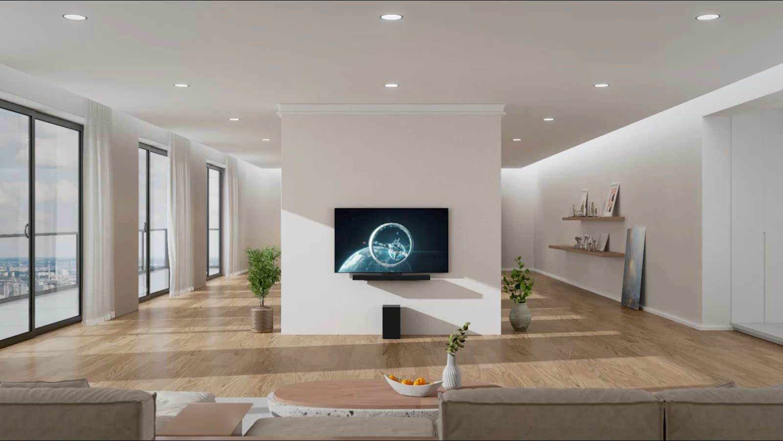 The Soundbar  and TV are hung on the white pillar in the center of the living room. On the wooden floor right under the Soundbar  a black wooper stands. On the left side there are floor-to-ceiling windows with great view and white curtains. On the right side there place wooden shelves with decorations and a picture places on the floor.