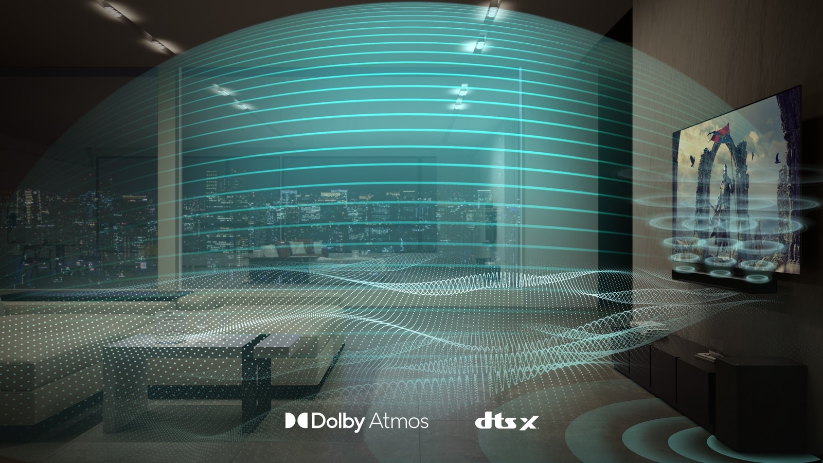 Variously formed blue sound waves are being released from the soundbar and TV to all over the living room.