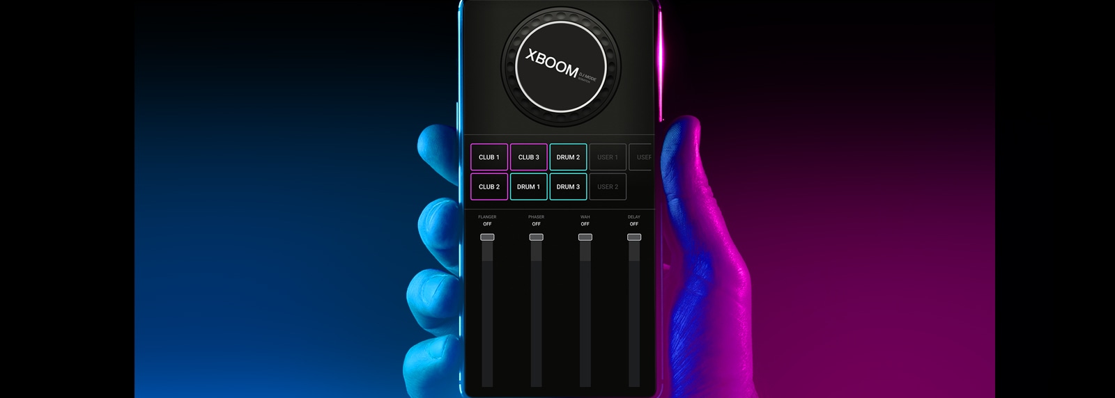 LG RNC9 A hand holding a smartphone, showing DJ app.